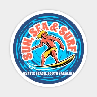 Vintage Sun, Sea & Surf Myrtle Beach, South Carolina // Retro Surfing // Surfer Catching Waves Magnet